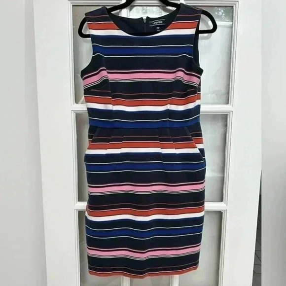 Lands End Sleeveless Ponte Sheath Midi Dress Aurora Ribbed Stripe Size 10 Petite - Picture 11 of 11